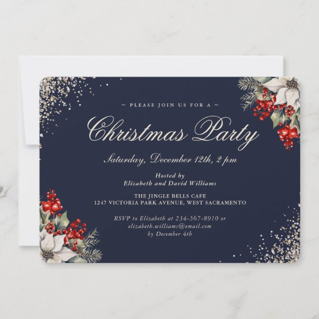 Blue Gold Holly Berries Christmas Holiday Party Invitation (Front)