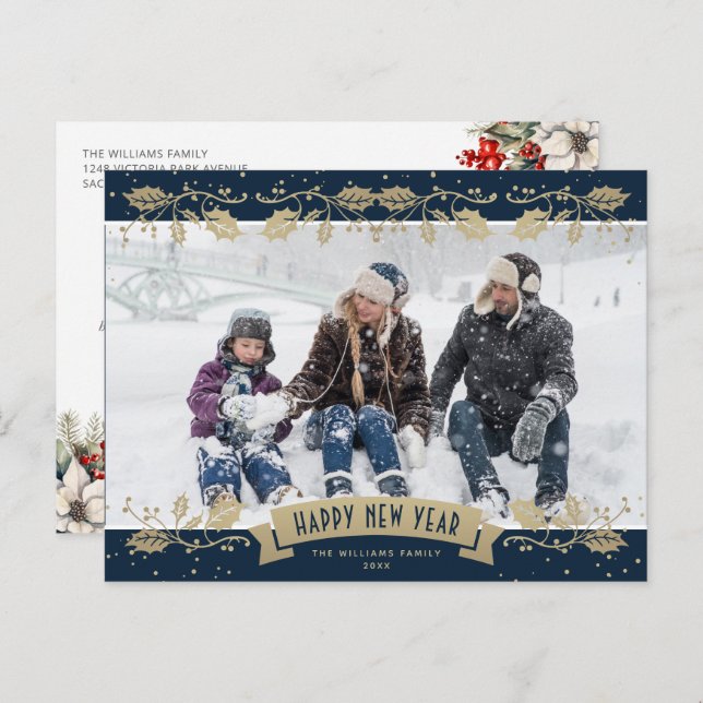 Blue Gold Holly Berries Photo Happy New Year Holiday Postcard (Front/Back)