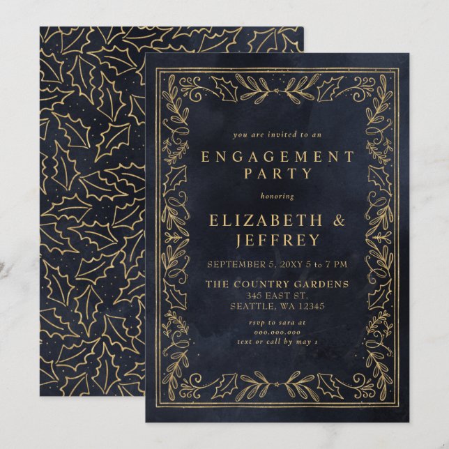 Blue Gold Holly Christmas Engagement Party  Invitation (Front/Back)