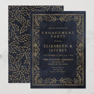 Blue Gold Holly Christmas Engagement Party Invitation