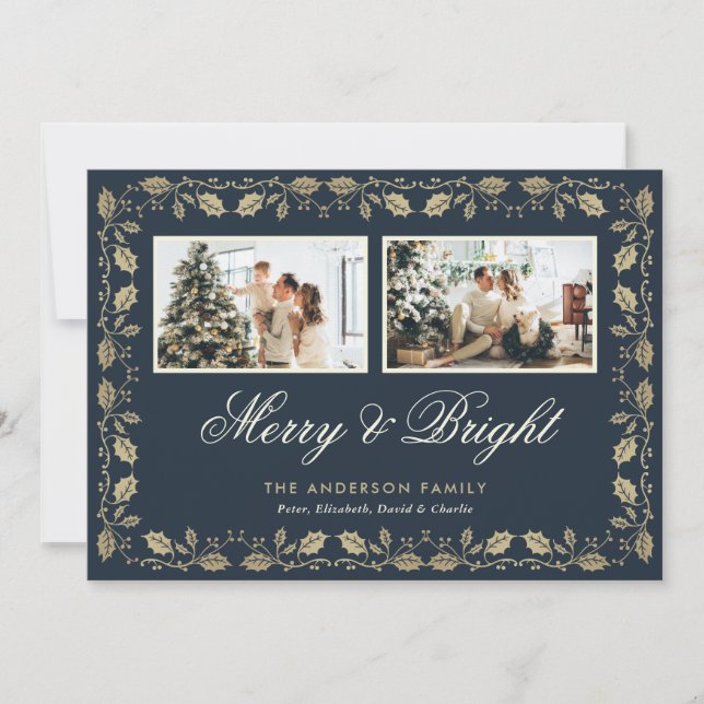Blue Gold Holly Merry and Bright Photo Holiday Card (Front)