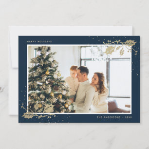 Blue Gold Holly Snowflakes Photo Christmas Holiday Card