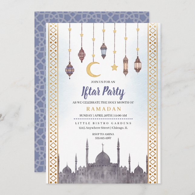 Blue Gold Iftar Party Ramadan Dinner Invitation (Front/Back)