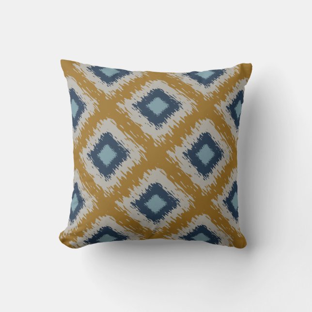 Blue Gold Ikat Pattern Tribal Diamond Editable Cushion (Front)