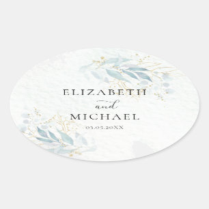 Blue Gold( Imitate ) Watercolor Wedding Collection Oval Sticker