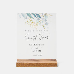 Blue Gold (Imitate) White Wedding Guestbook Acrylic Sign