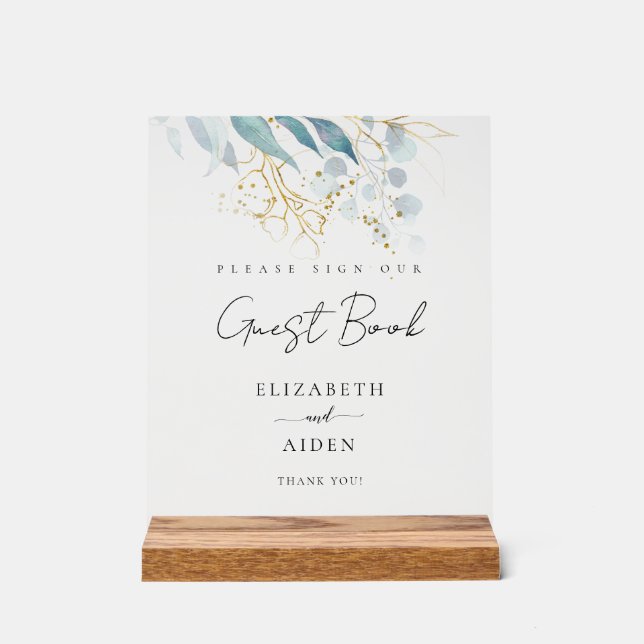 Blue Gold (Imitate) White Wedding Guestbook Acrylic Sign (Front)