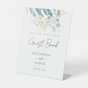 Blue Gold (Imitate) White Wedding Guestbook Pedestal Sign