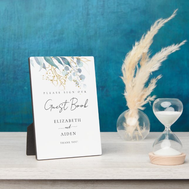 Blue Gold (Imitate) White Wedding Guestbook Plaque (Side)