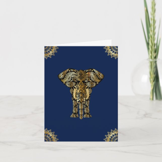 Blue Gold Indian Elephant Note Card (Front)