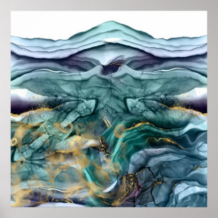 Blue gold ink abstract poster