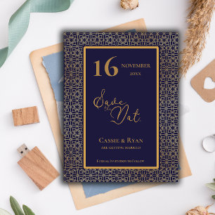 Blue Gold  Intricate Design Wedding Save the Date Postcard