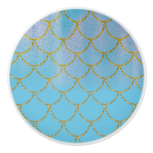 Blue & Gold Iridescent Shimmer Mermaid Scales Ceramic Knob