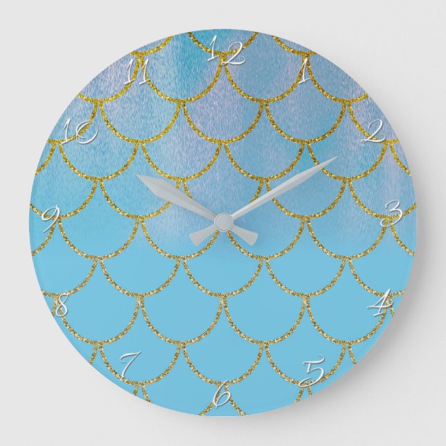 Blue & Gold Iridescent Shimmer Mermaid Scales Large Clock (Front)