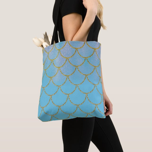 Blue & Gold Iridescent Shimmer Mermaid Scales Tote Bag (Close Up)