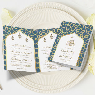 Blue Gold Islamic Pattern QR Code Muslim Wedding Invitation