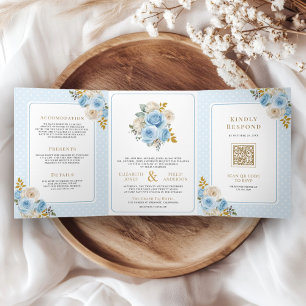 Blue Gold Ivory Floral Roses All in One Wedding Tri-Fold Invitation