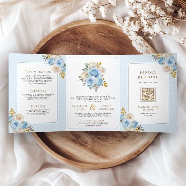 Blue Gold Ivory Floral Roses All in One Wedding Tri-Fold Invitation (Creator Uploaded)