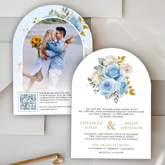 Blue Gold Ivory Floral Roses QR Code Photo Wedding Invitation (Creator Uploaded)