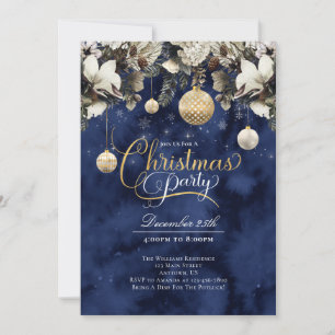 Blue Gold Ivory Flowers Christmas Party Invitation
