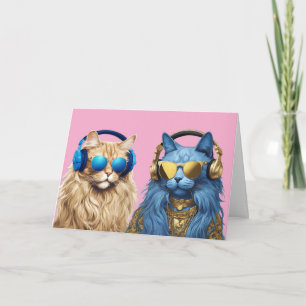 Blue/Gold Jammin' Cats Folded Greeting Card