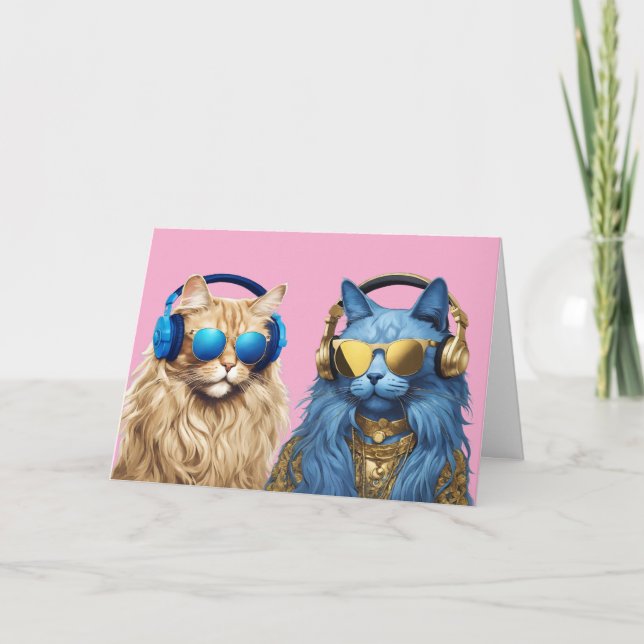 Blue/Gold Jammin' Cats Folded Greeting Card (Front)