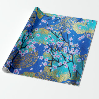 Blue Gold Japanese Cherry Blossom Decoupage Wrapping Paper