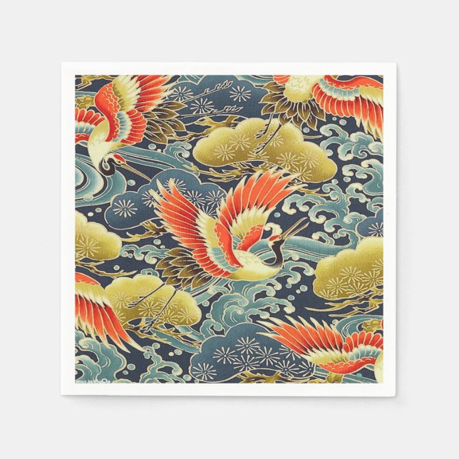 Blue Gold Japanese Kimono Bird Decoupage Paper Napkin (Front)