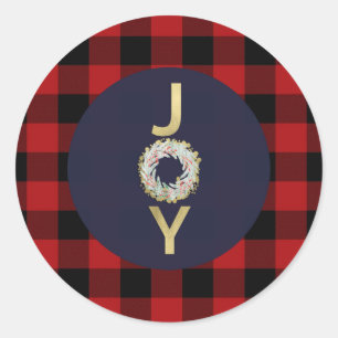 Blue Gold Joy Wreath Holiday Red Buffalo Plaid Classic Round Sticker