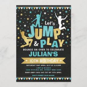 Blue Gold Jump & Bounce Trampoline Birthday Party Invitation