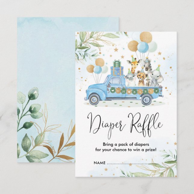 Blue Gold Jungle Safari Animals Diaper Raffle Enclosure Card (Front/Back)