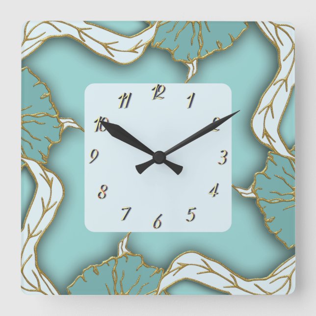 Blue Gold Leaf 3-D Look Wall Clock (Front)