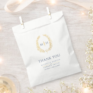 Blue gold leaf oval wreath art wedding thank you favour bags