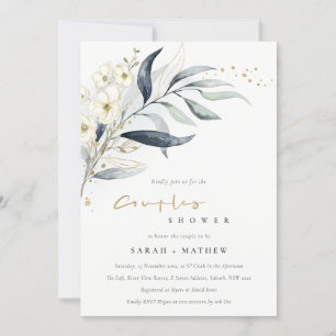 Blue Gold Leafy Botanical Floral Couples Shower Invitation
