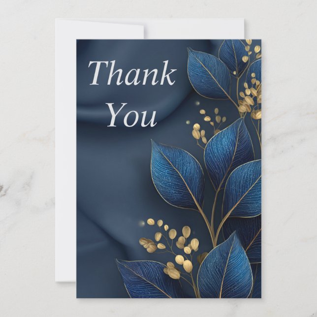 Blue & Gold Leaves on Navy Blue Thank You Card (Front)