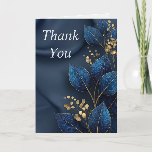 Blue & Gold Leaves on Navy Blue Thank You Card (Front)