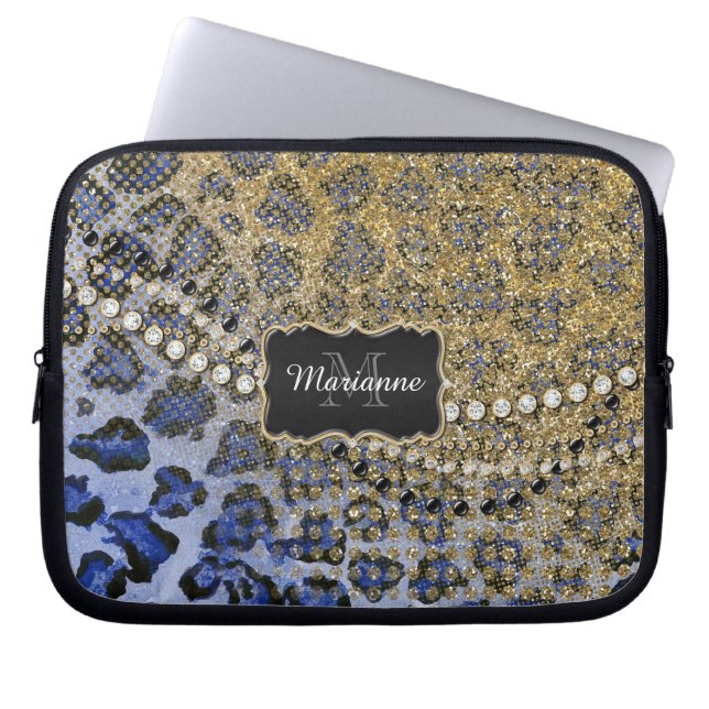 Blue Gold Leopard Animal Print Glitter Look Jewel Laptop Sleeve (Front)