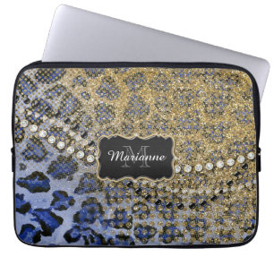 Blue Gold Leopard Animal Print Glitter Look Jewel Laptop Sleeve