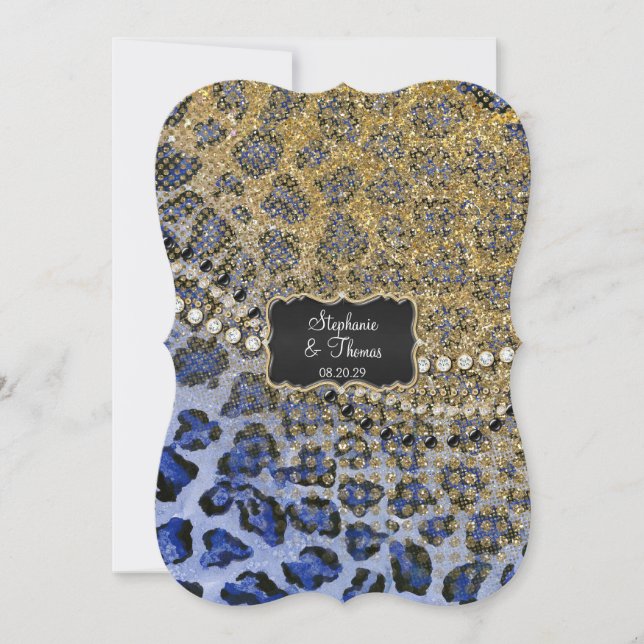 Blue Gold Leopard Animal Print Glitter Wedding Invitation (Front)