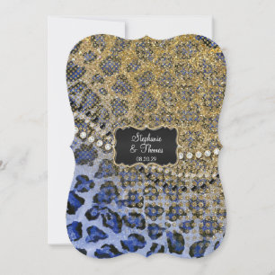 Blue Gold Leopard Animal Print Glitter Wedding Invitation
