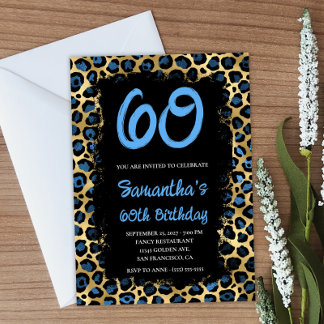 Blue Gold Leopard Painted Black 60th Birthday Invitation