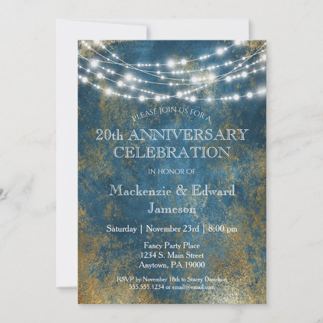 Blue Gold Lights Anniversary Party Invitation (Front)