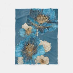 Blue Gold Line Art Botanical Poppy Floral Fleece Blanket