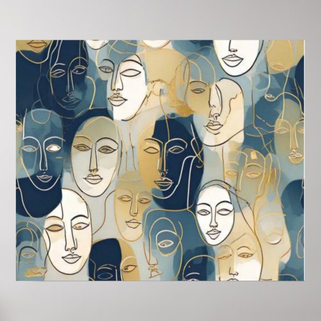 Blue Gold Line Art Faces Seamless Pattern Poster (Front)
