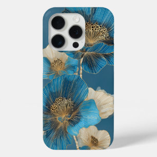 Blue Gold Line Art Poppy Botanical Floral iPhone 15 Pro Case