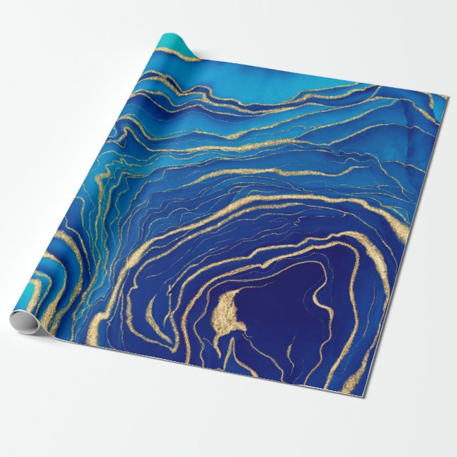 Blue Gold Liquid Painting Fluid Art Abstract Wrapping Paper (Unrolled)