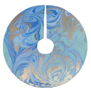 Blue Gold Liquid Watercolor Texture Brushed Polyester Tree Skirt