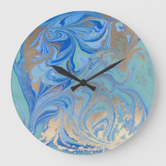 Blue Gold Liquid Watercolor Texture Large Clock (Front)