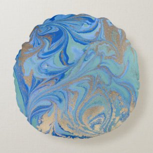 Blue Gold Liquid Watercolor Texture Round Cushion