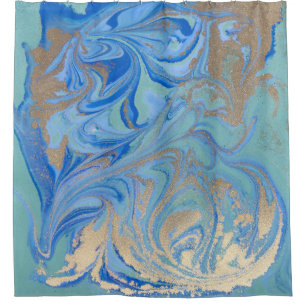 Blue Gold Liquid Watercolor Texture Shower Curtain